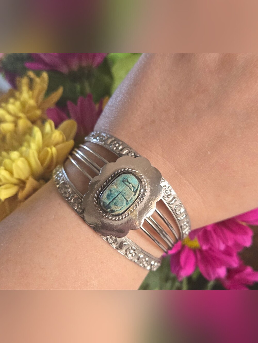 Vintage Egyptian Revival Silver Cuff Bangle Bracelet w/ Blue Scarab
